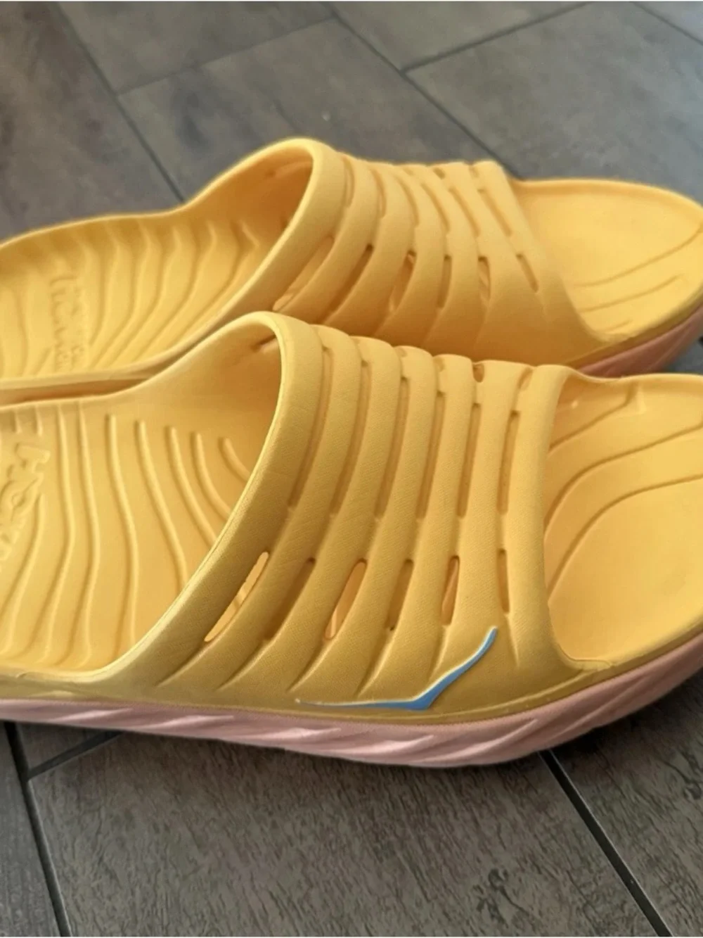 Hoka One One Yellow Slide Sandals with Pink Midsole